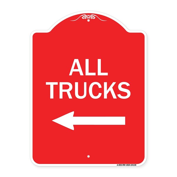 Driveway Sign All Trucks W/ Left Arrow, Red & White Aluminum Sign, 18" x 24", RW-1824-24130